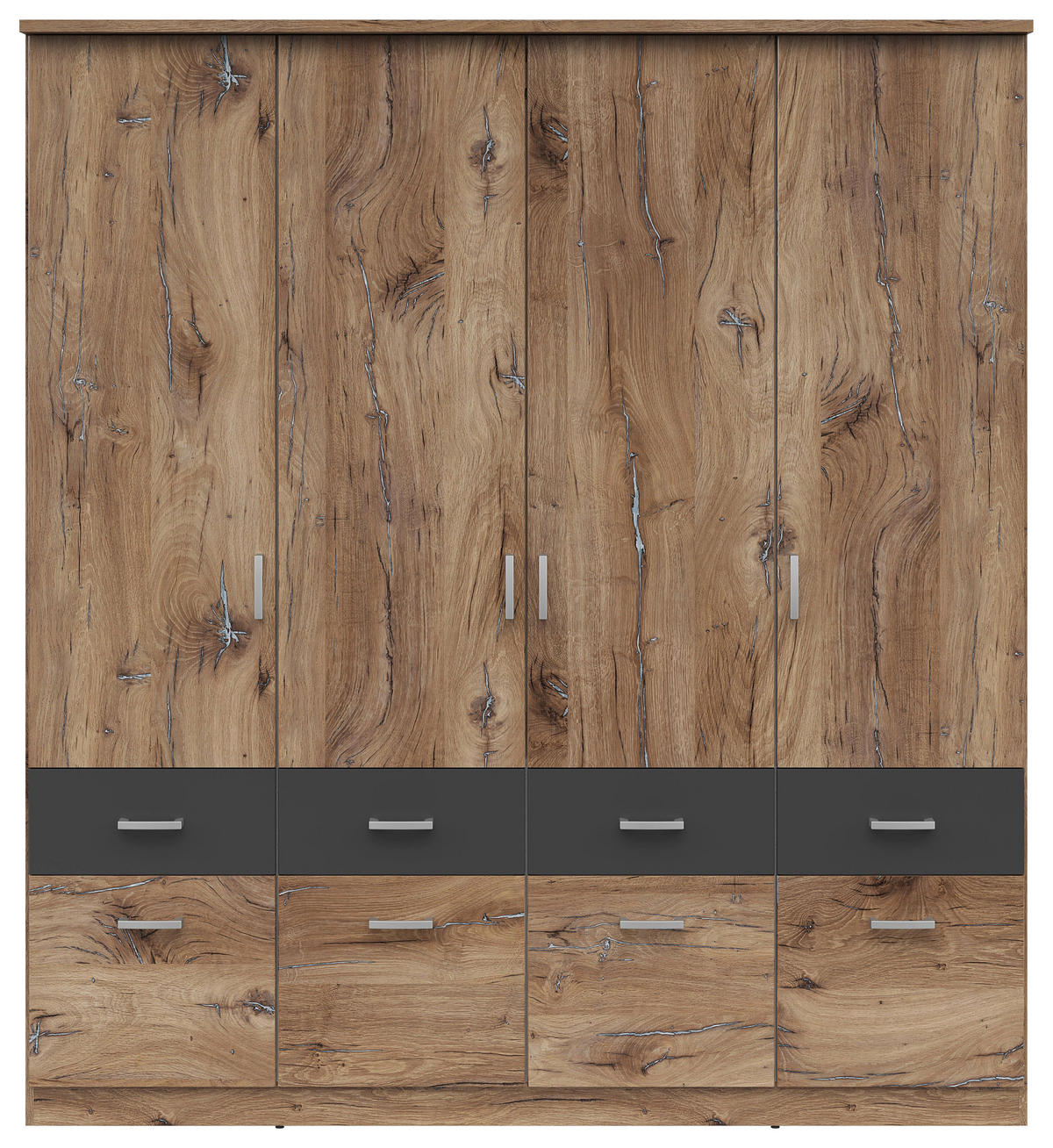 KLEIDERSCHRANK 181/199/58 cm,  in Graphitfarben, Eichefarben, 4-türig  - Eichefarben/Silberfarben, KONVENTIONELL, Holzwerkstoff/Kunststoff (181/199/58cm) - MID.YOU