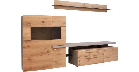 WOHNWAND in Eichefarben, Fango - Edelstahlfarben/Fango, Design, Glas/Holz (311,2/204,4/55,7cm) - Dieter Knoll