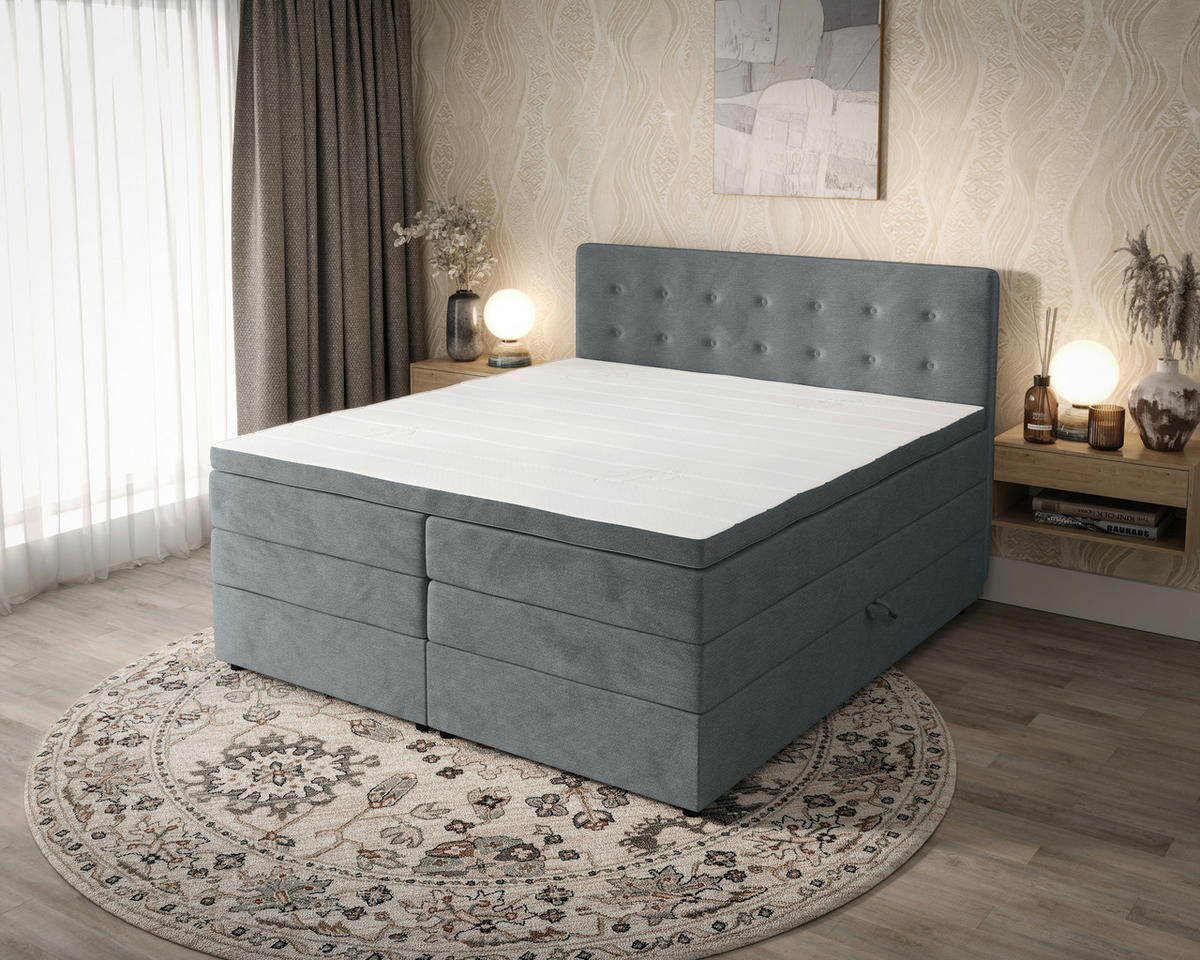 BOXSPRINGBETT 200/200 cm,  in Grau, gepolstertes Kopfteil, Bettkasten, Topper, Matratzen, H2 + H3 = mittel + fest  - Schwarz/Grau, KONVENTIONELL, Kunststoff/Textil (200/200cm) - Chameo