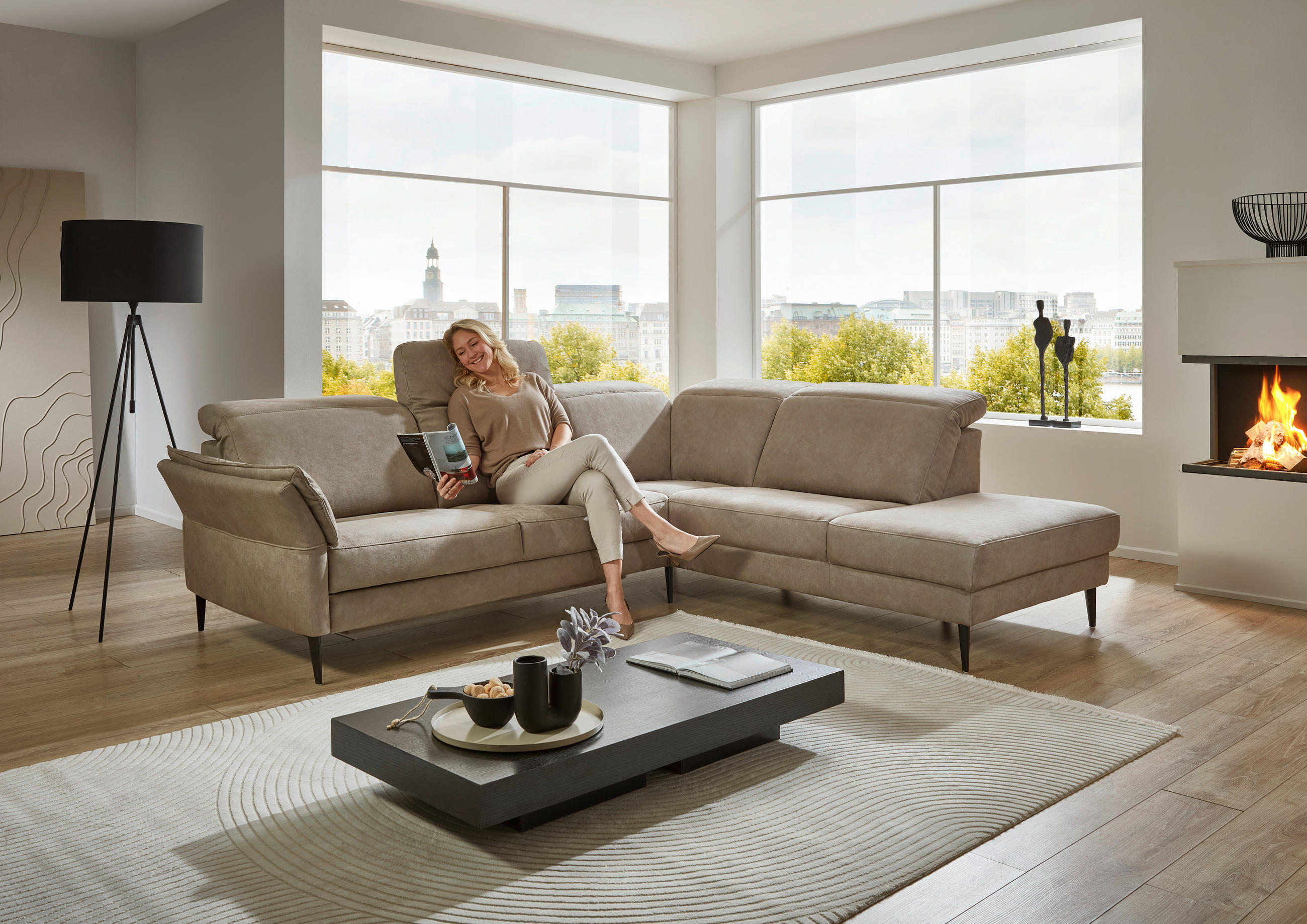 ECKSOFA Graubraun Mikrofaser  - Graubraun/Schwarz, Design, Textil/Metall (277/246cm) - Valdera