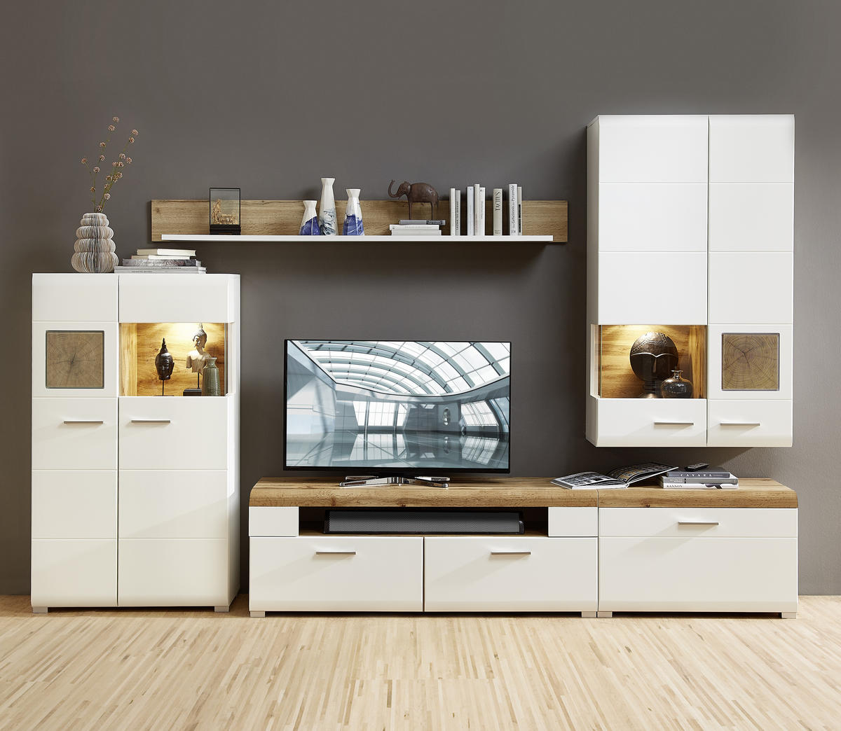 TV-ELEMENT bela, barve hrasta  - barve kroma/srebrne barve, Design, kovina/leseni material (140/51/47cm) - Hom`in