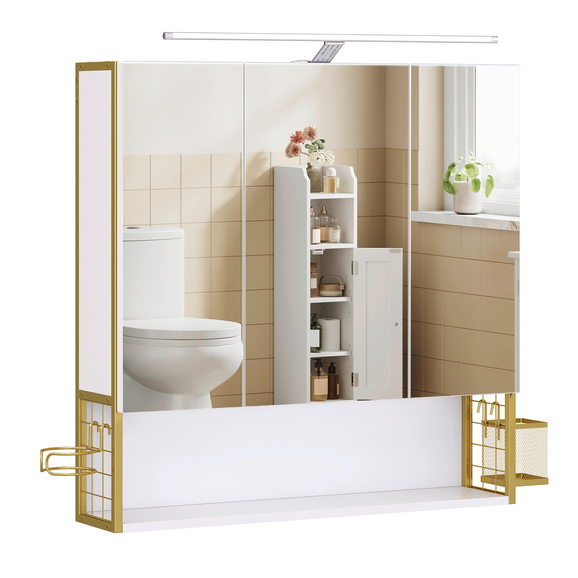 Mid.you Spiegelschrank Weiß, Gold 70x70x16 cm