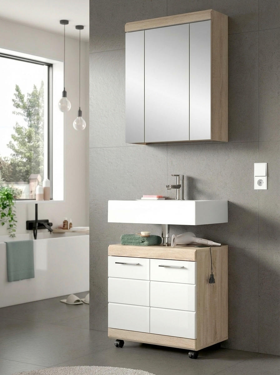 BADEZIMMER 2-teilig  in 60 cm  - Weiß Hochglanz/Silberfarben, Trend, Glas/Holzwerkstoff (60cm) - MID.YOU