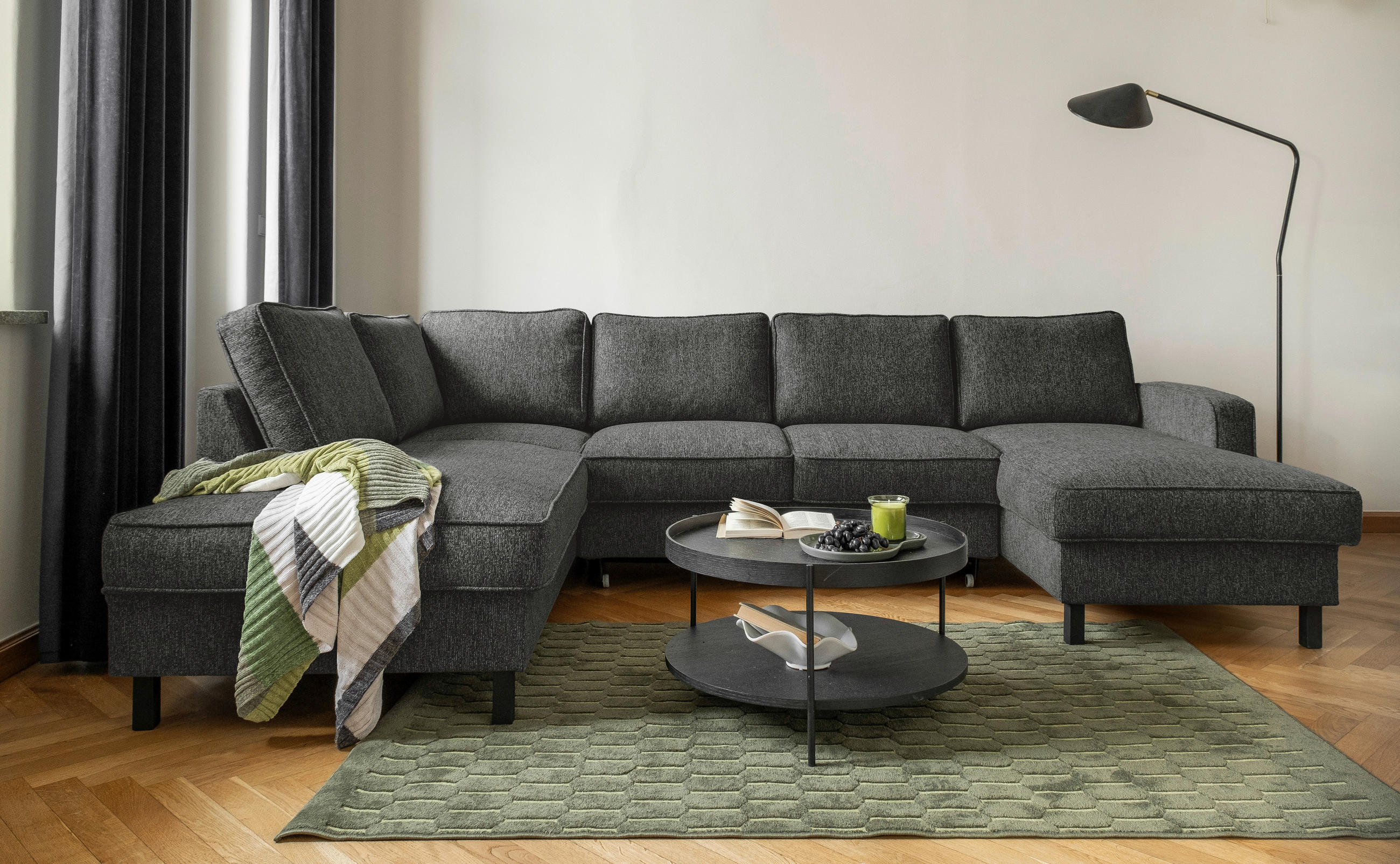 Thumbnail - Mid.you Wohnlandschaft, Dunkelgrau, Textil, Eiche, 8-Sitzer, Füllung: Schaumstoffflocken, Ottomane links, U-Form, 298x19...