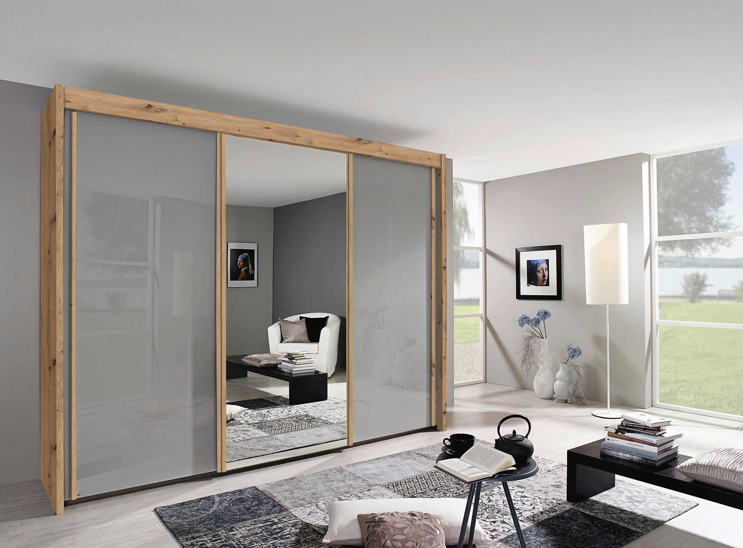 SCHWEBETÜRENSCHRANK 225/197/65 cm 3-türig - Eiche Artisan/Grau, Basics, Glas/Holzwerkstoff (225/197/65cm) - Cantus