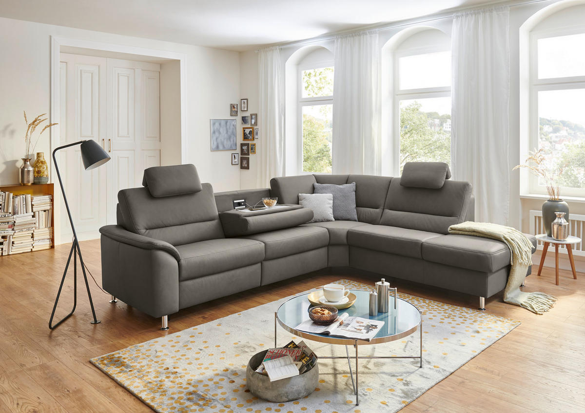 ECKSOFA in Echtleder Grau  - Alufarben/Grau, Konventionell, Leder/Metall (290/249cm) - Beldomo Premium