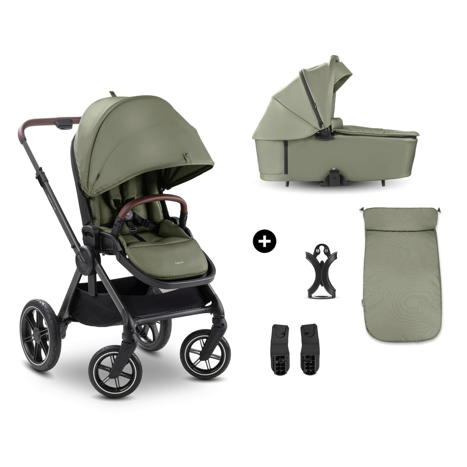 KOMBIKINDERWAGEN Comfort N Care Set  - Schwarz/Olivgrün, Basics, Textil/Metall - Hauck