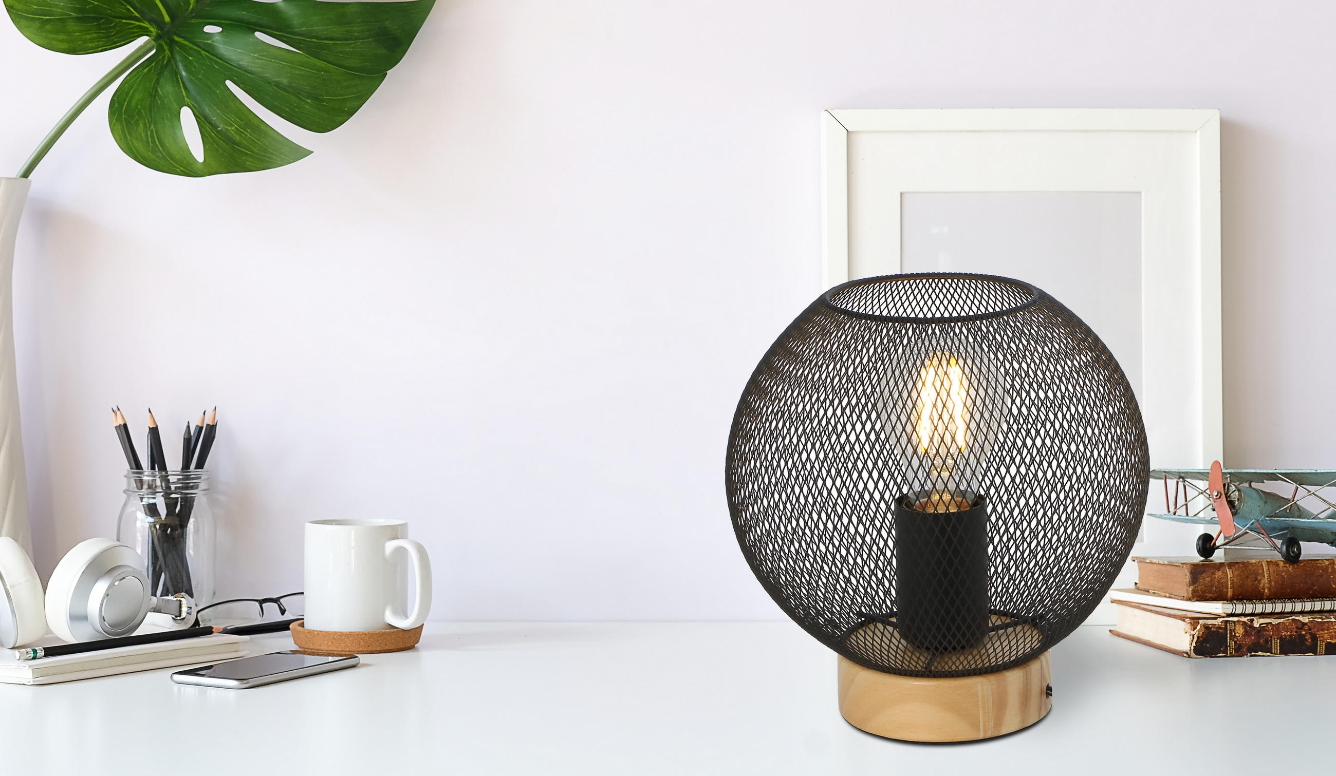 STOLNÍ LAMPA, E27, 20/20 cm  - černá/hnědá, Basics, kov/dřevo (20/20cm) - Globo