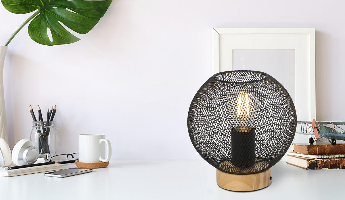 STOLNÍ LAMPA, E27, 20/20 cm  - černá/hnědá, Basics, kov/dřevo (20/20cm) - Globo
