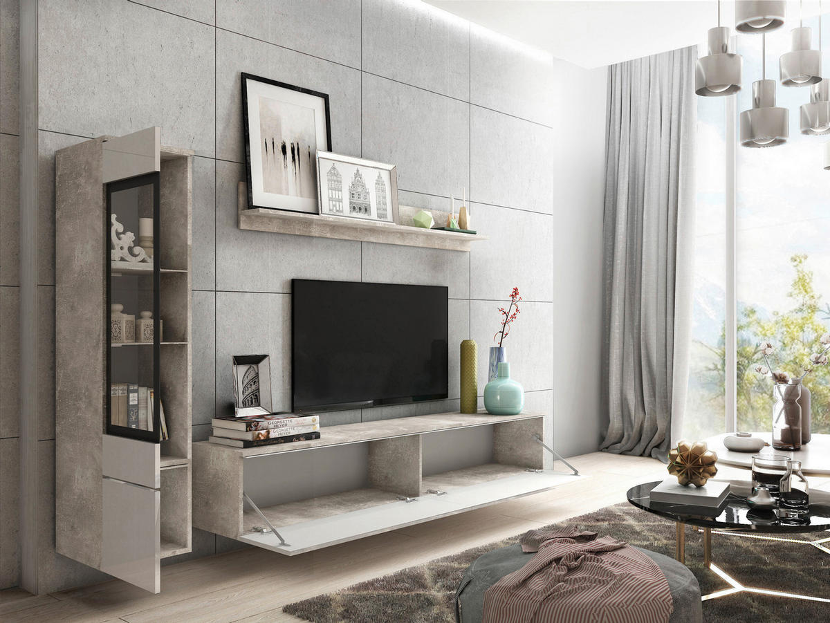 OBÝVACIA STENA, biela s vysokým leskom, sivá - sivá/biela s vysokým leskom, Lifestyle, kompozitné drevo/plast (210/130/33cm) - P & B
