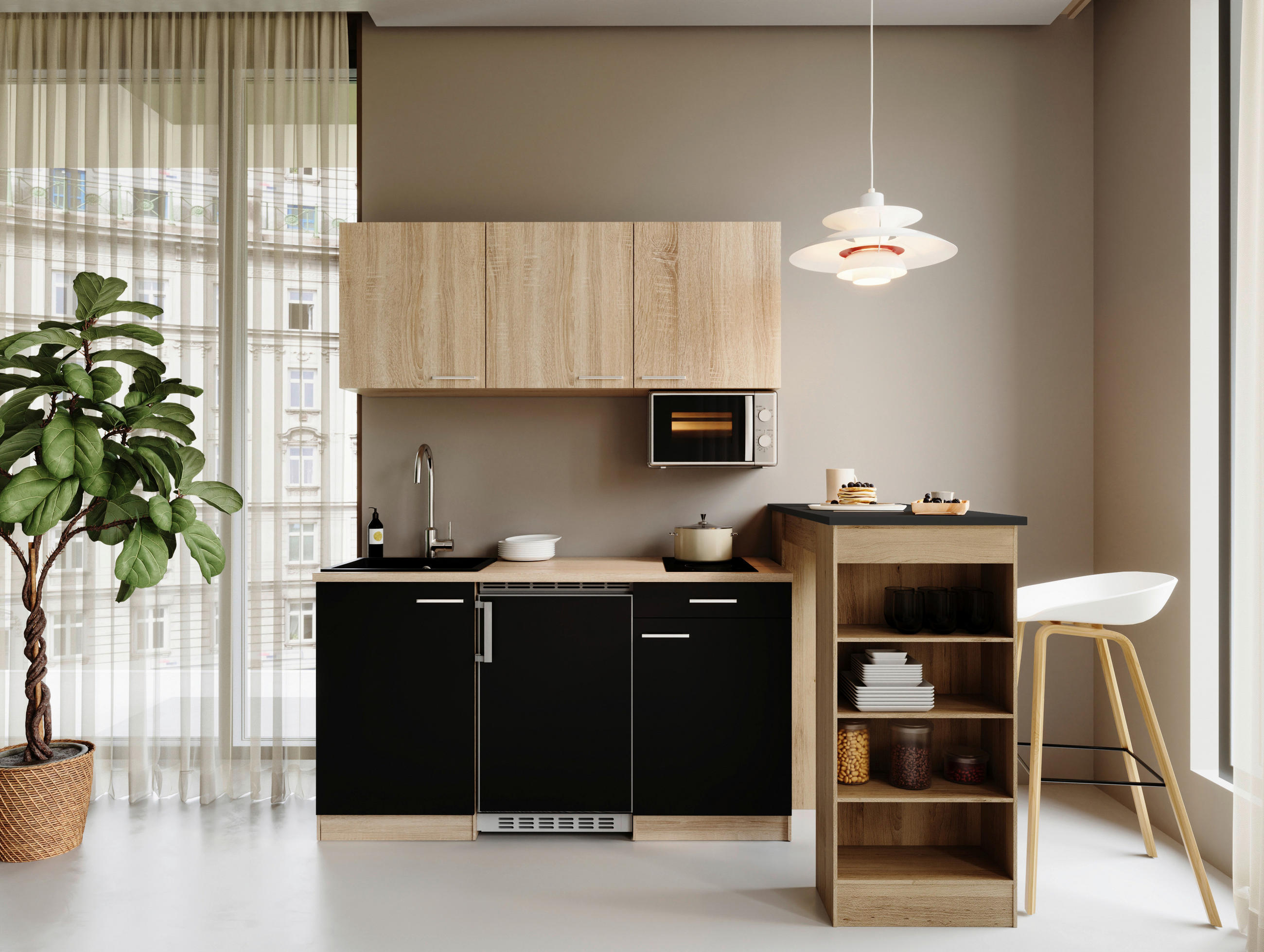 MAJHNA KUHINJA - črna/barve hrasta, Design, umetna masa/leseni material (150cm) - Respekta