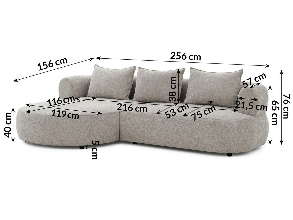 ECKSOFA in Chenille Hellgrau  - Hellgrau/Schwarz, Design, Kunststoff/Textil (156/256cm) - Livetastic