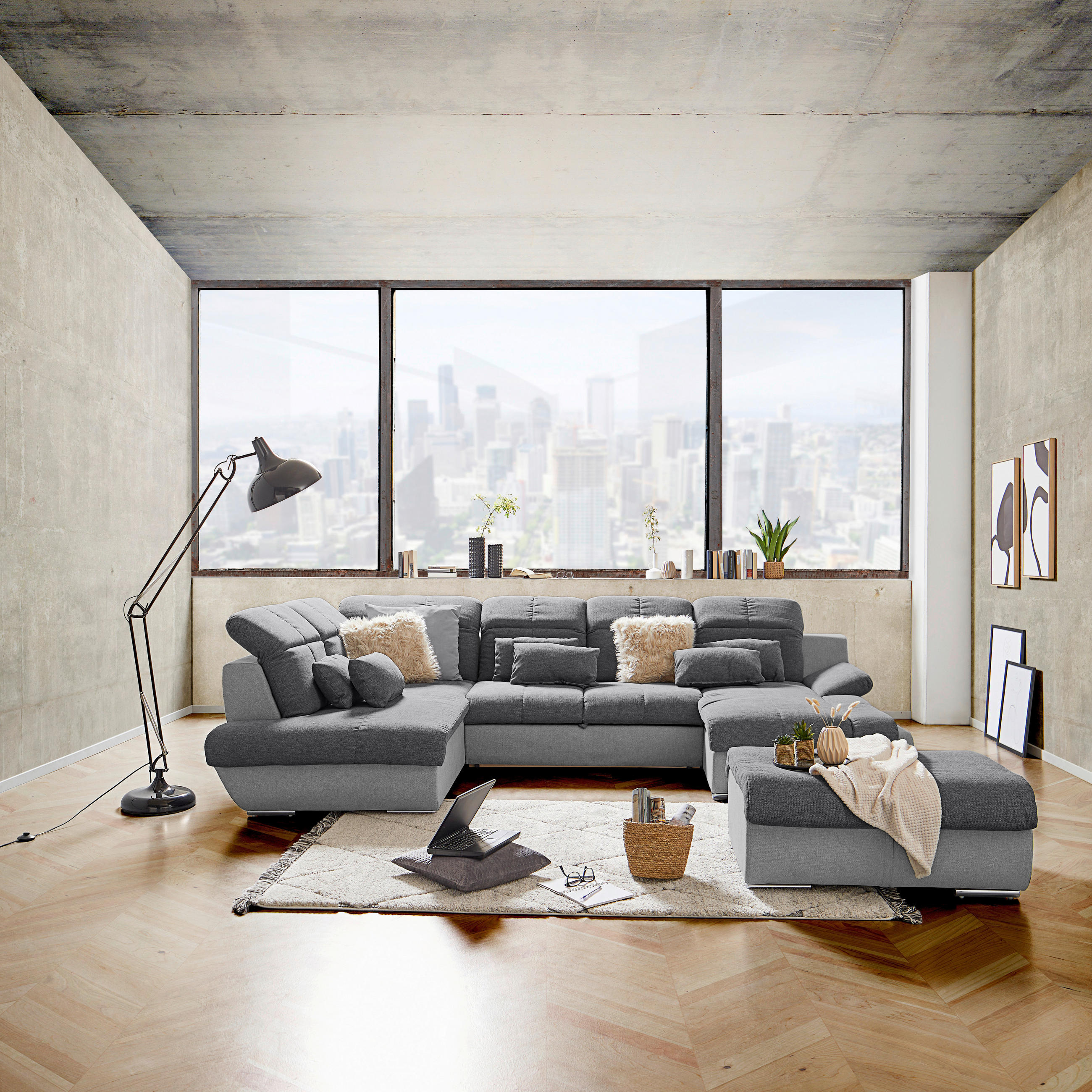 WOHNLANDSCHAFT Hellgrau, Dunkelgrau Mikrofaser  - Chromfarben/Dunkelgrau, MODERN, Textil/Metall (228/345/184cm) - MID.YOU