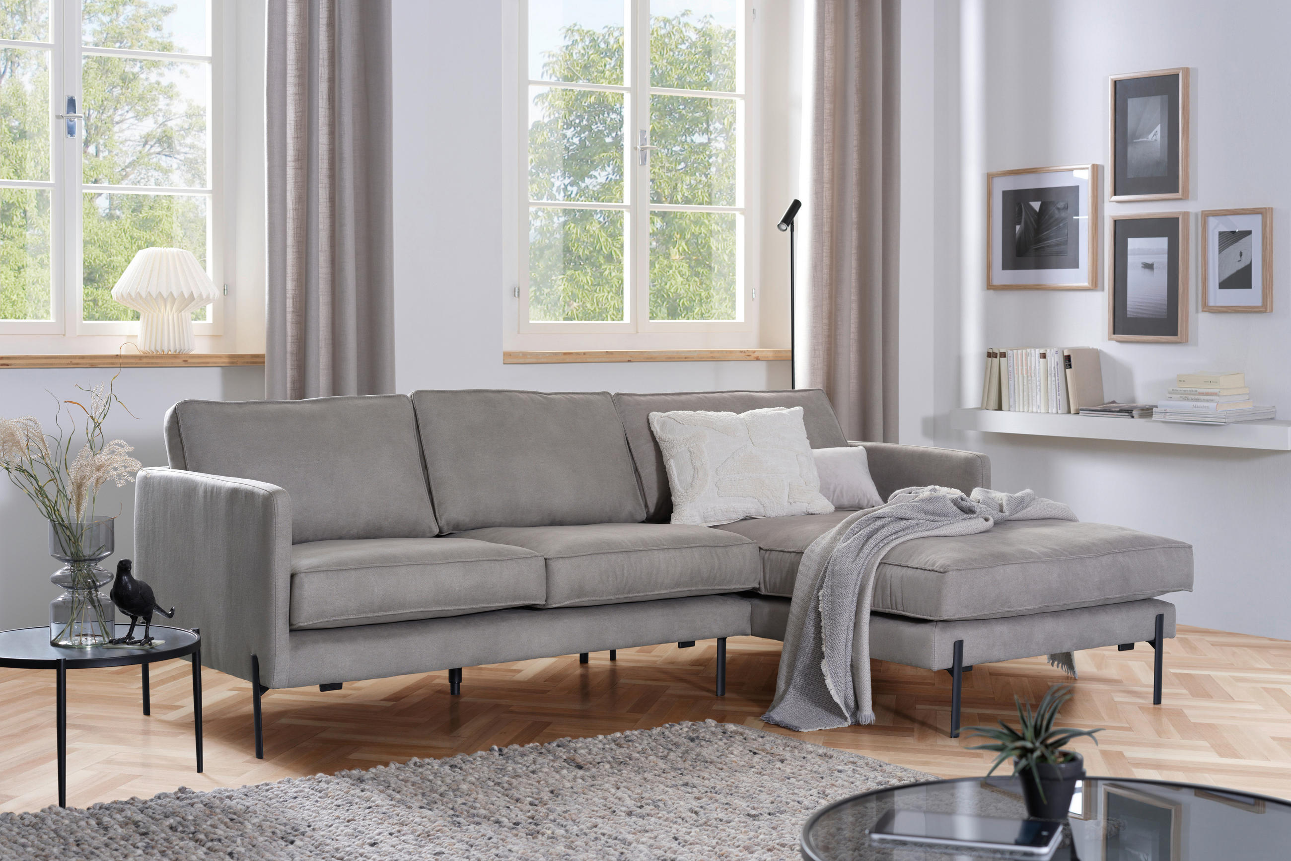 ECKSOFA in Flachgewebe Hellgrau  - Hellgrau/Schwarz, Trend, Textil/Metall (232/154cm) - Livetastic