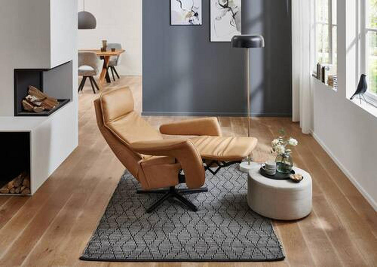 RELAXSESSEL Echtleder Relaxfunktion, Fußteilverstellung    - Schwarz/Honig, Design, Leder/Metall (83/112/87-174cm) - Valdera