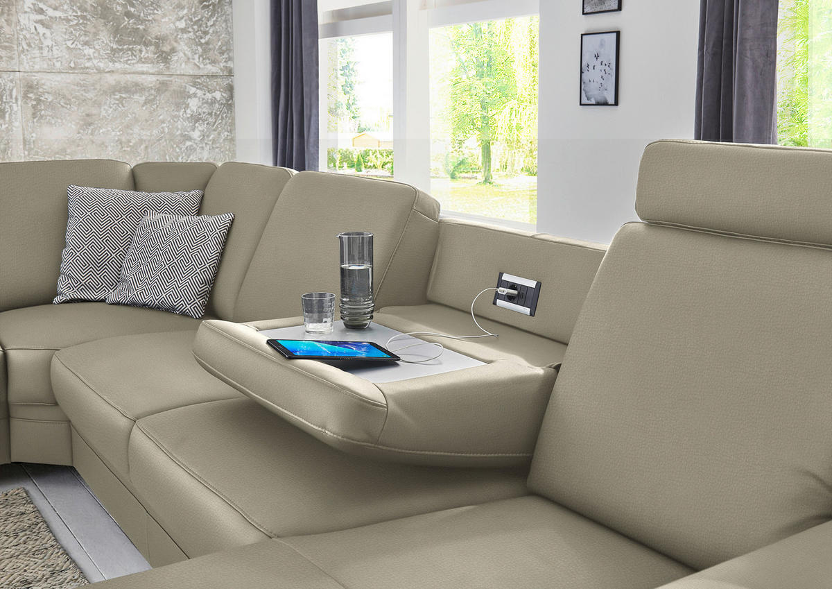 WOHNLANDSCHAFT Echtleder Ecru  - Ecru/Alufarben, Konventionell, Leder/Metall (239/329/165cm) - Beldomo Premium