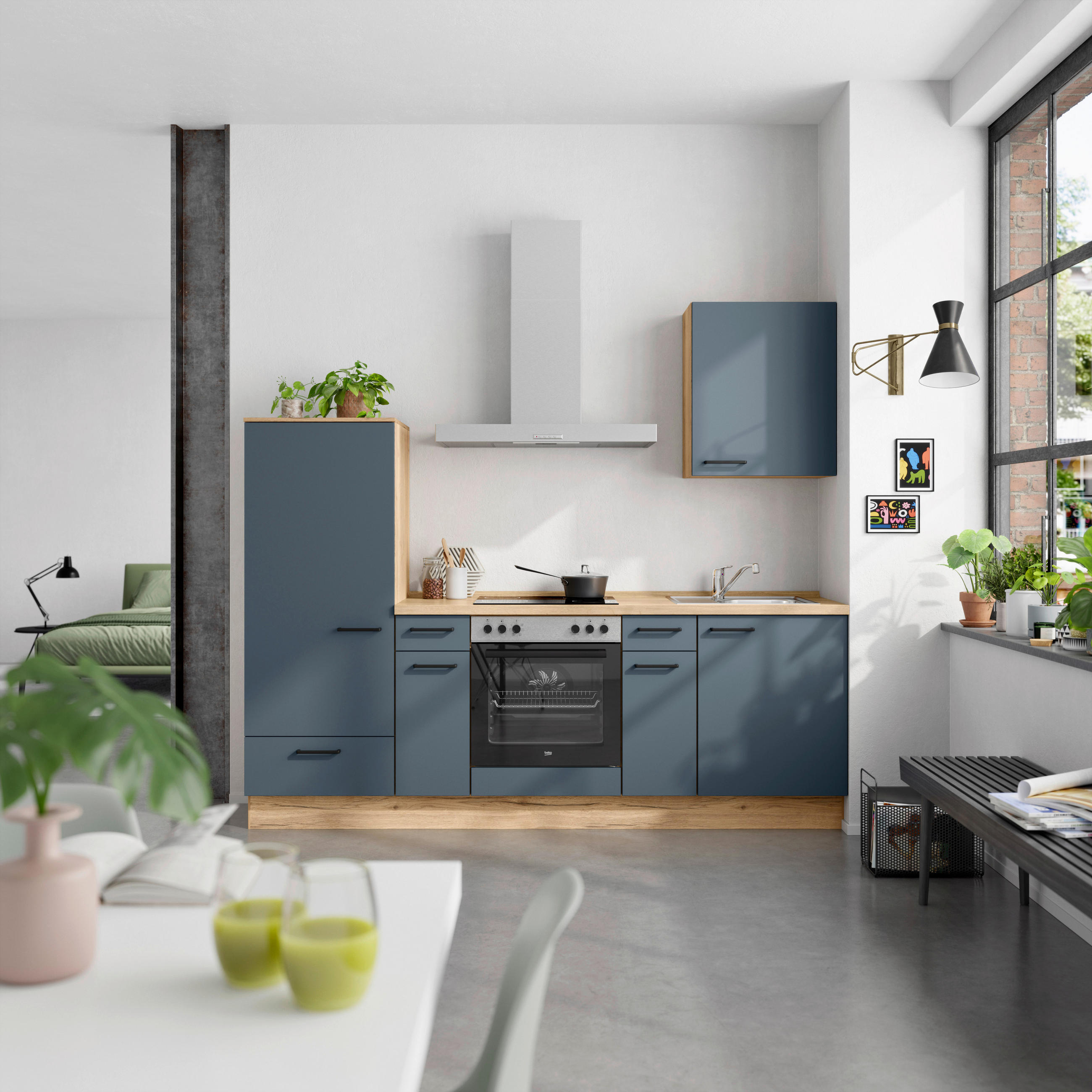 KÜCHENBLOCK Easytouch 240 cm  in Eichefarben, Dunkelblau  - Eichefarben/Schwarz, MODERN, Holzwerkstoff/Metall (240cm) - Nobilia
