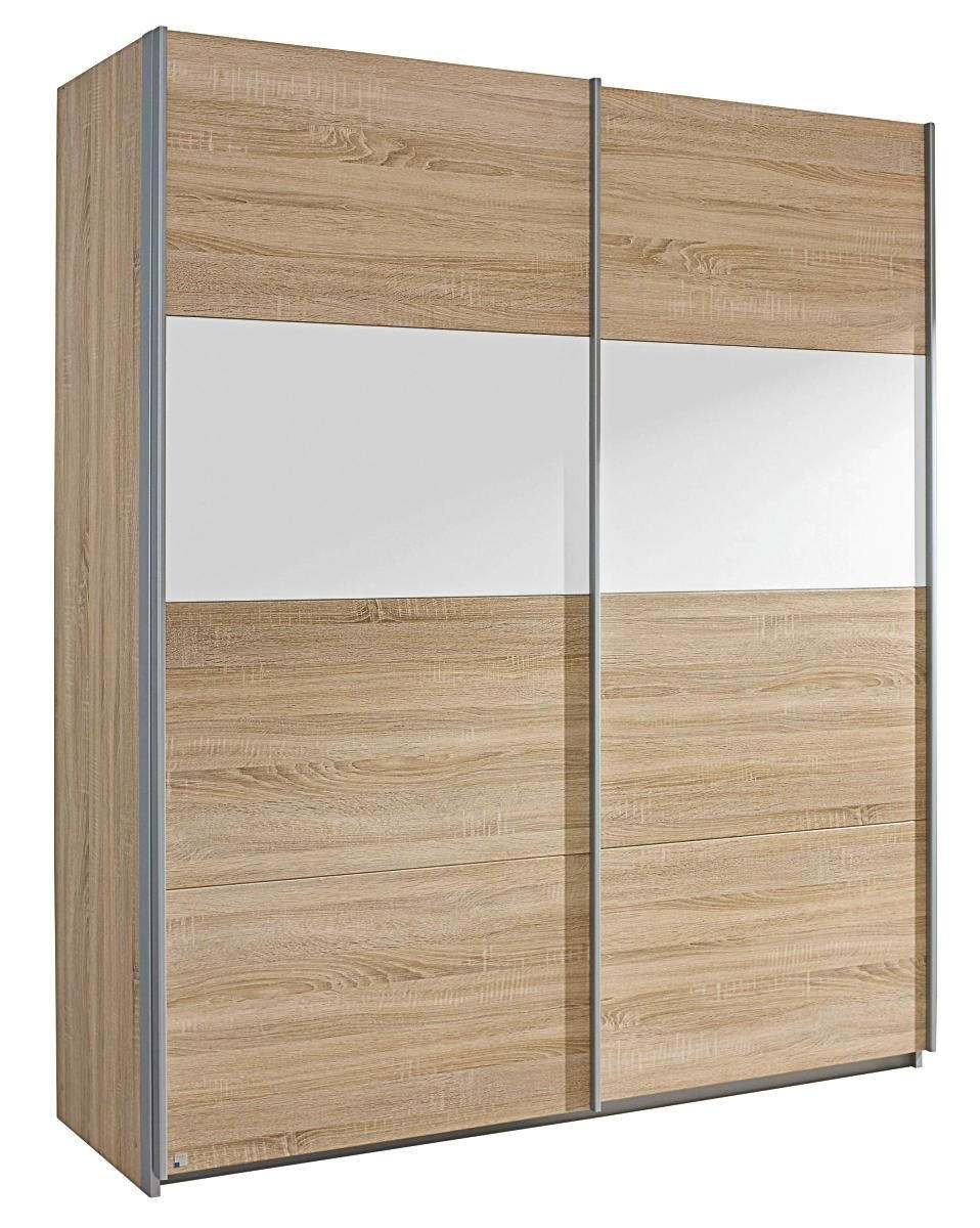 SCHWEBETÜRENSCHRANK in Weiss, Sonoma Eiche  - Weiss/Alufarben, Design, Holzwerkstoff/Metall (181/210/62cm) - Carryhome