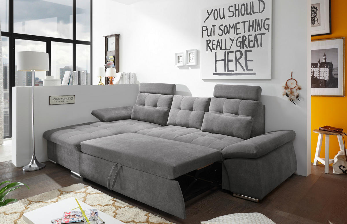 ECKSOFA Grau Mikrovelours  - Silberfarben/Grau, KONVENTIONELL, Kunststoff/Textil (170/268cm) - MID.YOU