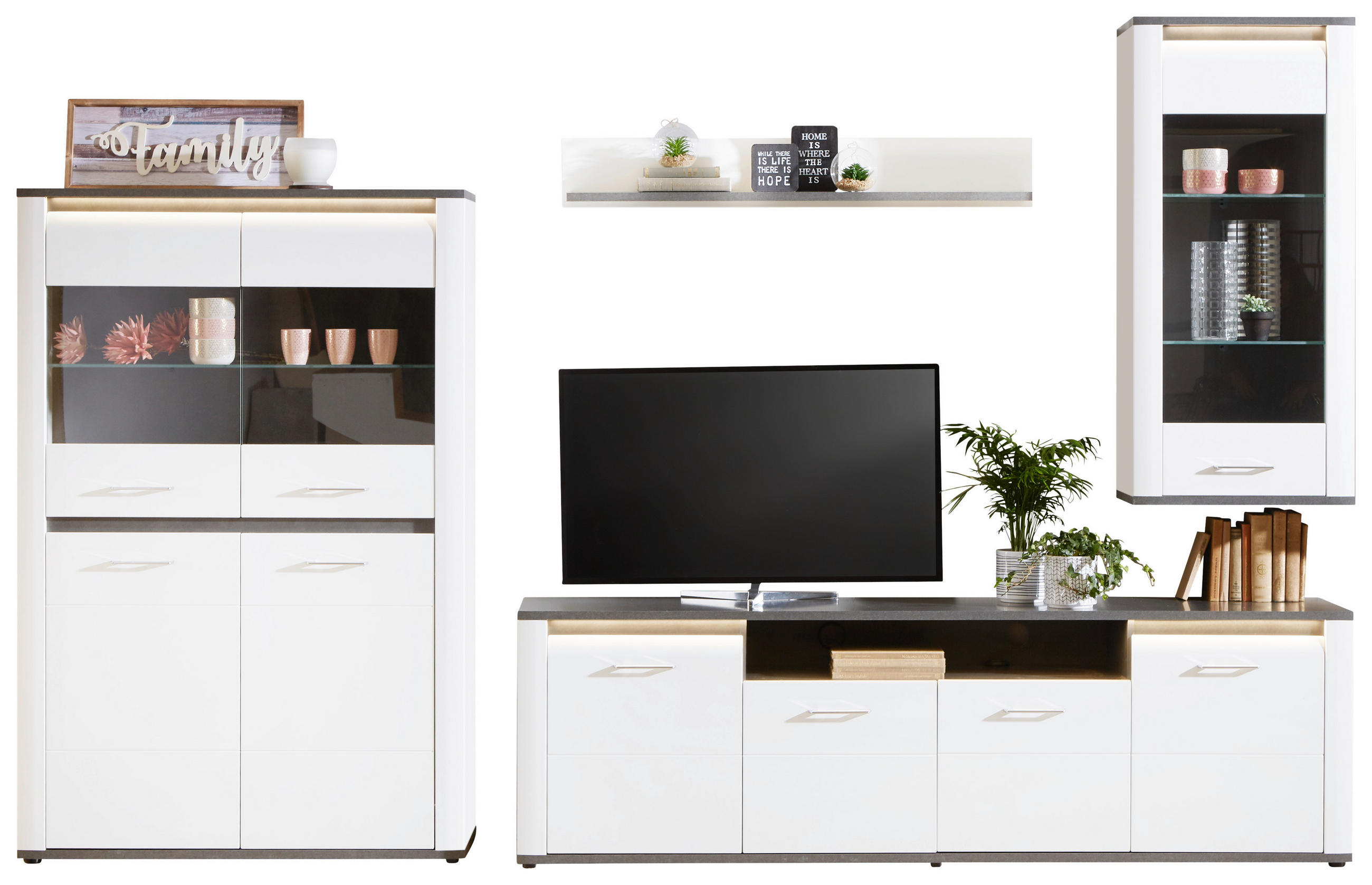 Wohnkombination Modern 5-Tlg. mit Led Alassio 5, Weiß/Matera