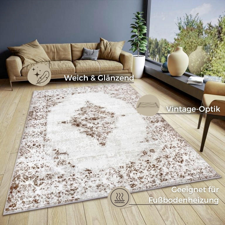 VINTAGE-TEPPICH 67/120 cm Shine Braun, Creme  - Creme/Braun, Design, Kunststoff (67/120cm)
