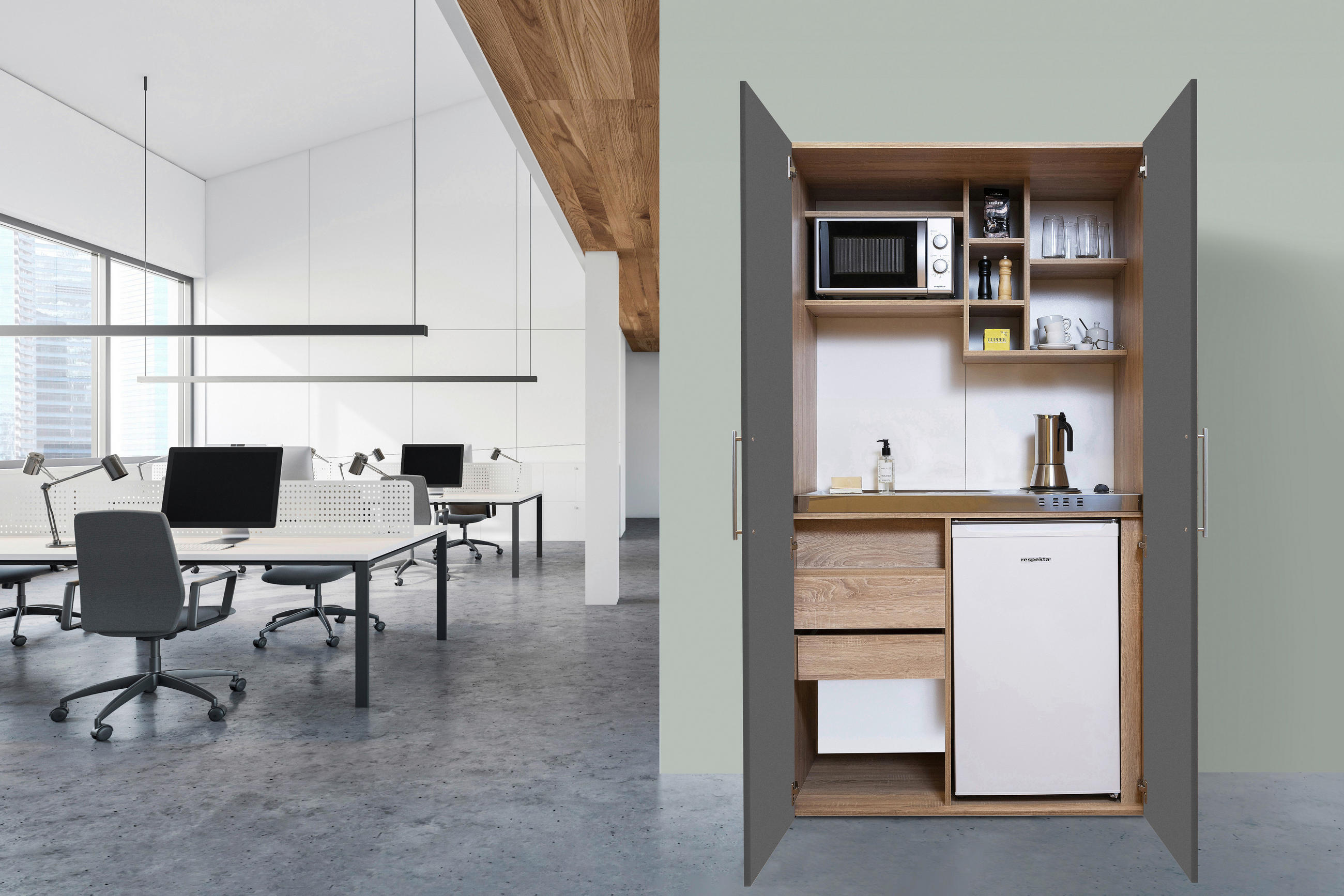 Schrankküche Mit Kühlschrank + Kochfeld 104 Cm Grau