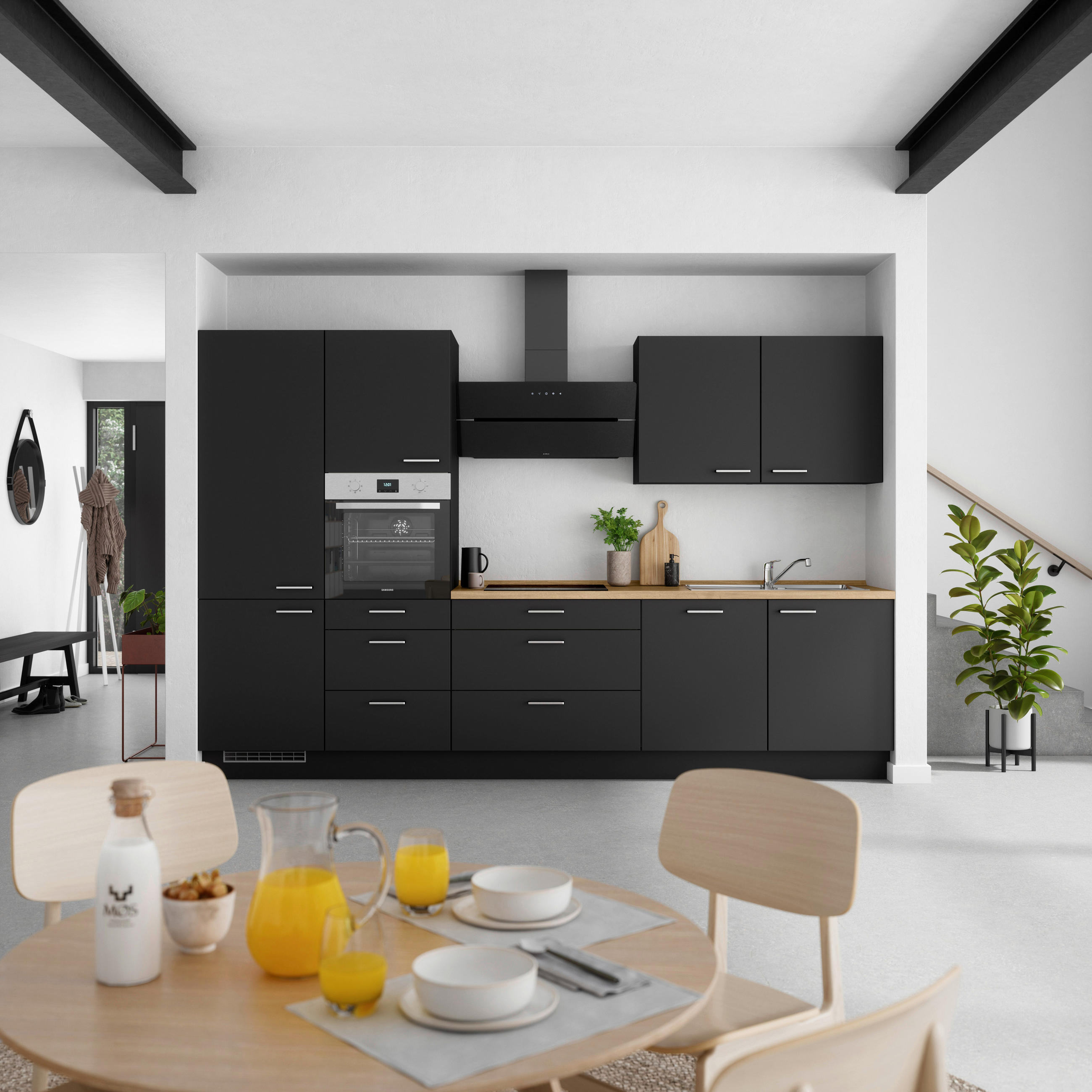 KÜCHENBLOCK 330 cm   in Schwarz, Eichefarben  - Edelstahlfarben/Eichefarben, MODERN, Holzwerkstoff/Metall (330cm) - Nobilia