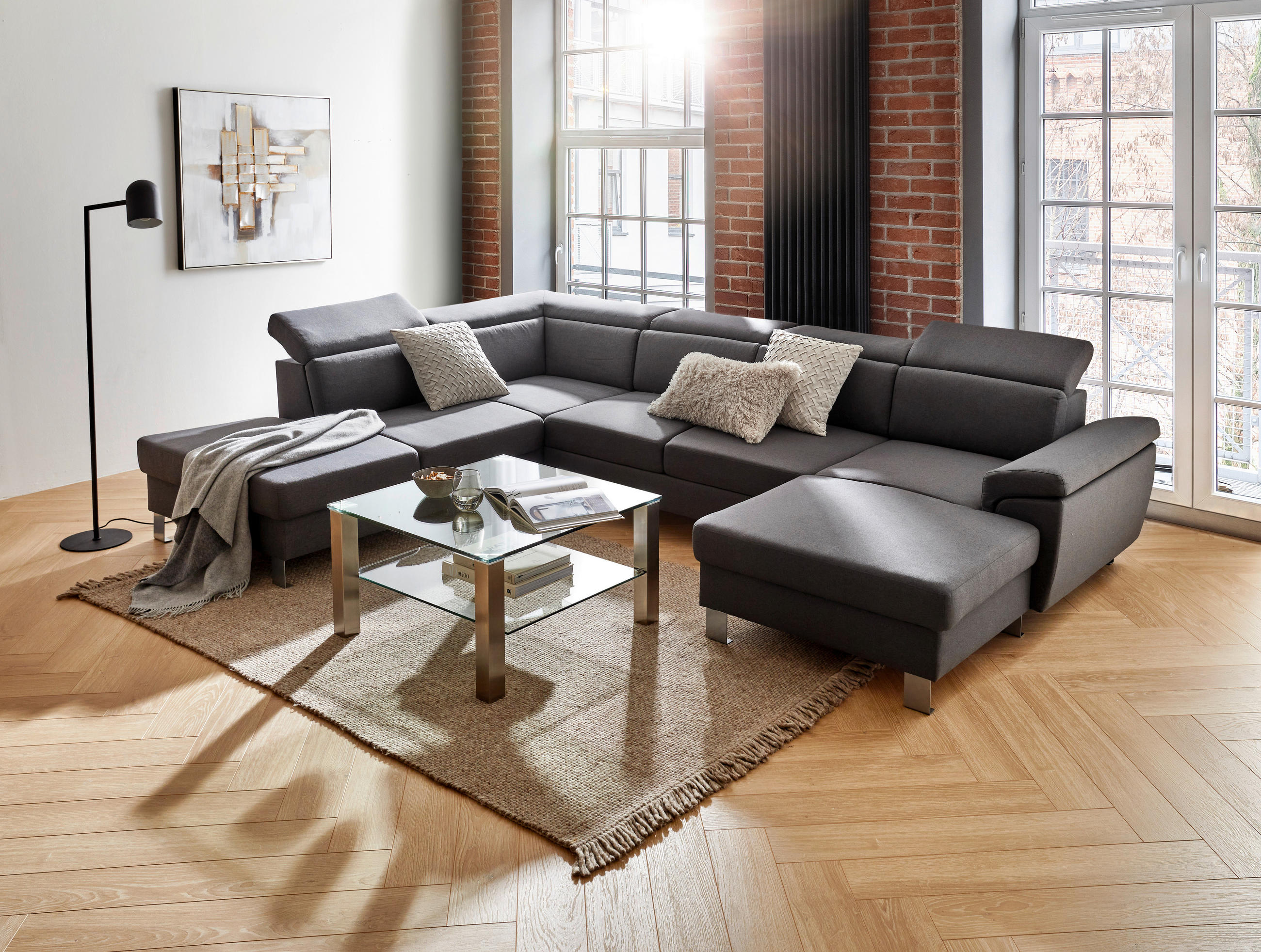 WOHNLANDSCHAFT inkl.Funktionen Dunkelgrau Webstoff  - Dunkelgrau/Silberfarben, Design, Textil/Metall (226/320/168cm) - Xora