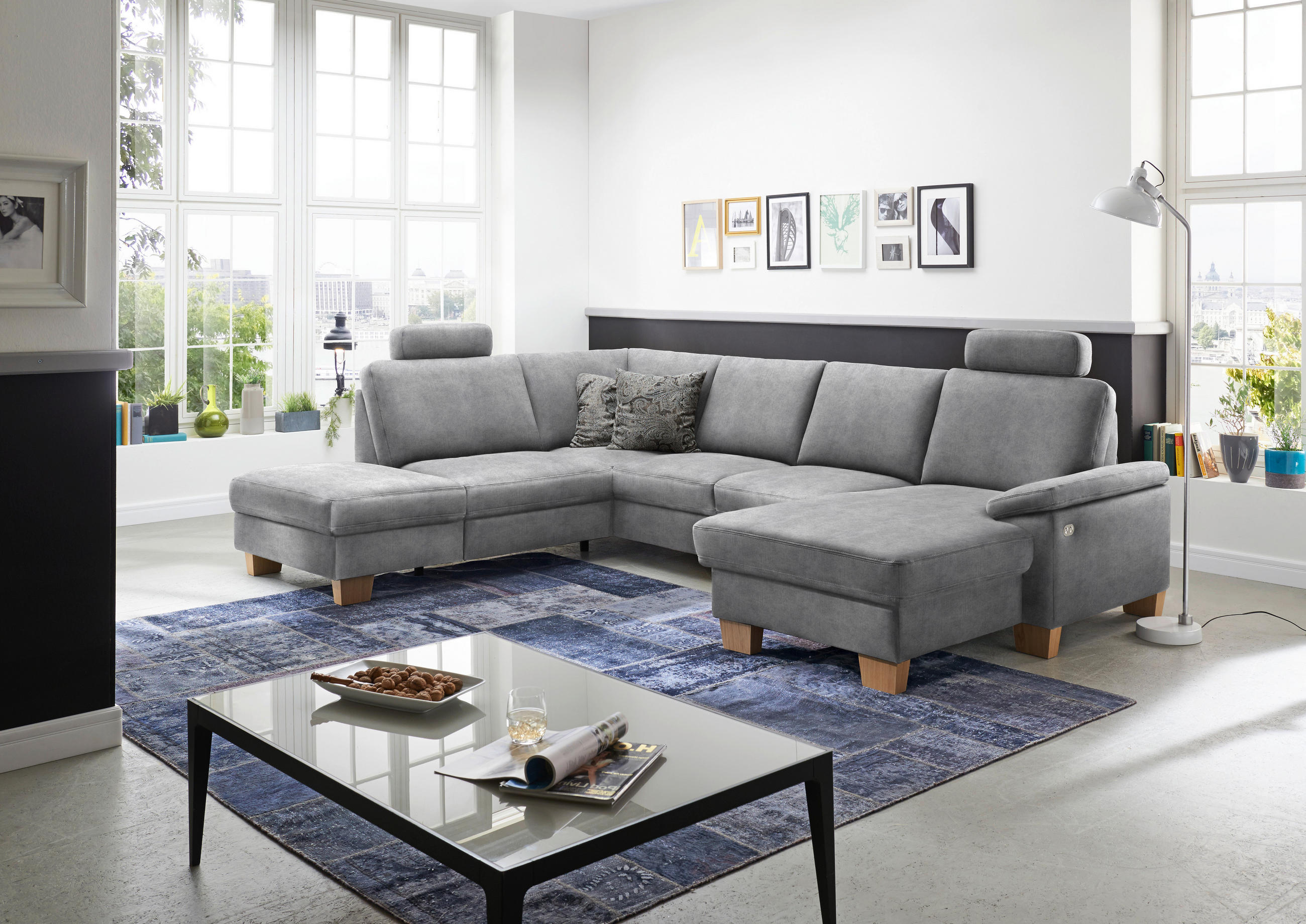 WOHNLANDSCHAFT in Velours Hellgrau  - Eichefarben/Hellgrau, Konventionell, Holz/Textil (235/316/167cm) - Beldomo System
