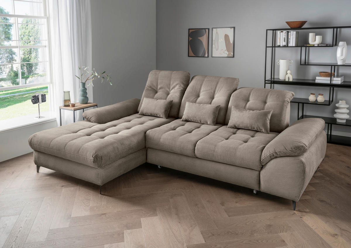 ECKSCHLAFSOFA  mit seitenverkehrt erhältlich, Rücken echt, Armteil links, Armteil rechts Cord Graubraun  - Graubraun/Schwarz, MODERN, Textil/Metall (189/273cm) - Livetastic