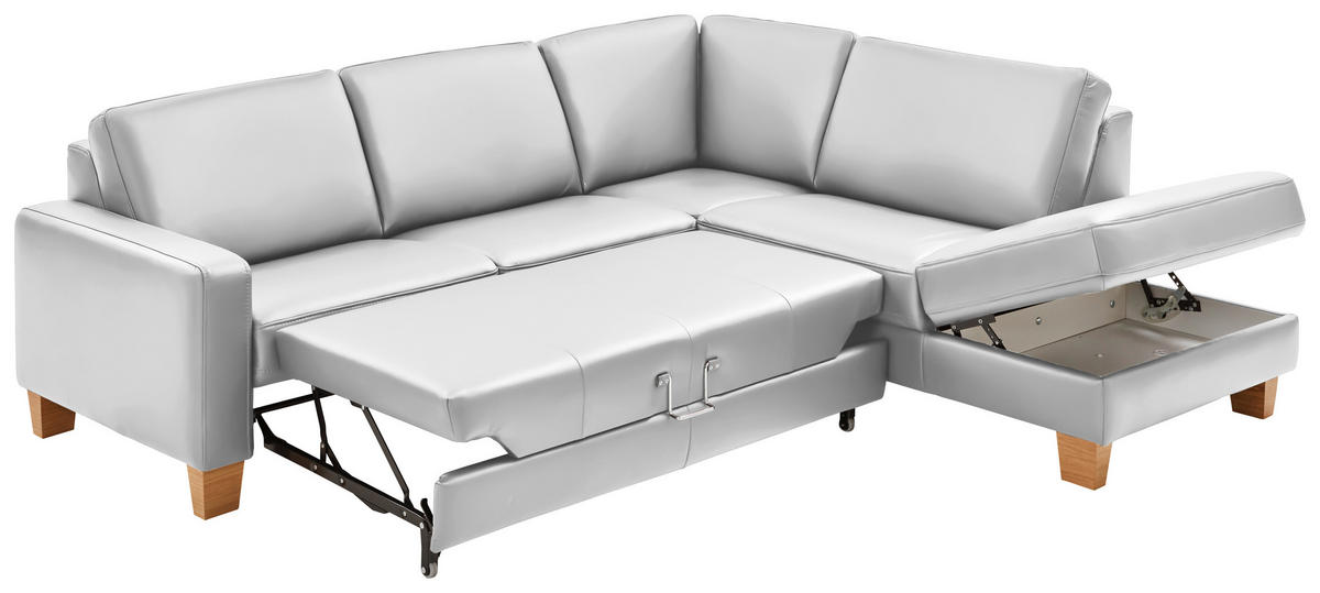 ECKSOFA in Echtleder Weiss  - Eiche Bianco/Weiss, Natur, Leder/Holz (257/235cm) - Valdera