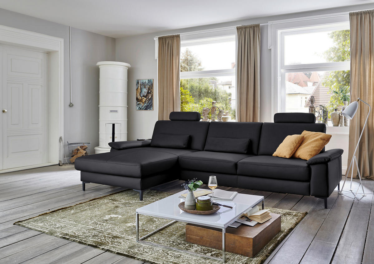 ECKSOFA in Echtleder Anthrazit  - Anthrazit/Schwarz, Design, Leder/Metall (176/334cm) - Dieter Knoll