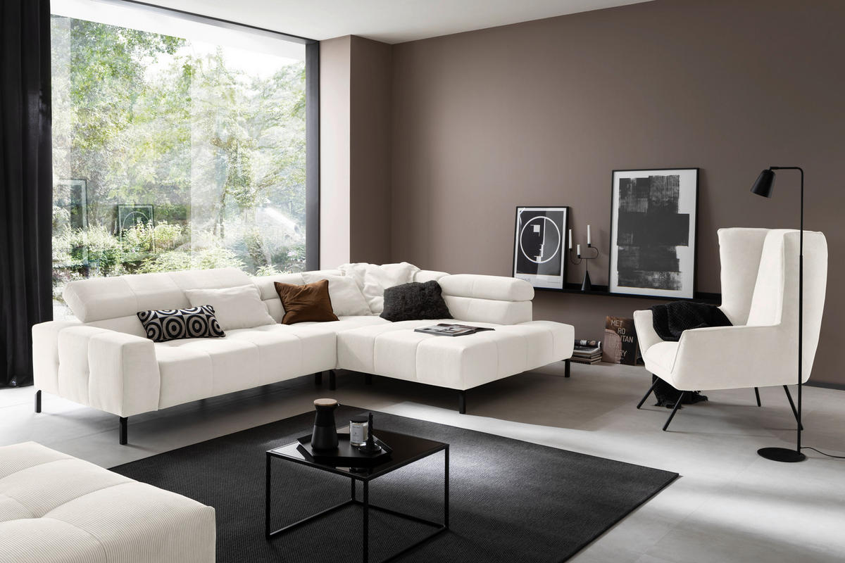 ECKSOFA in Feincord Weiss  - Weiss/Schwarz, Konventionell, Textil/Metall (311/219cm) - Hom`in