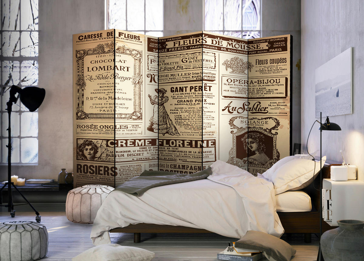 PARAVENT mit 5  Flügel - Dunkelbraun/Beige, Basics, Holz/Textil (225/172/3cm) - artgeist