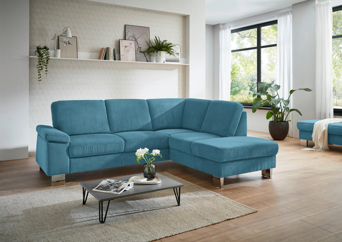 ECKSOFA in Cord Petrol  - Edelstahlfarben/Petrol, Konventionell, Textil/Metall (248/200cm) - Beldomo System