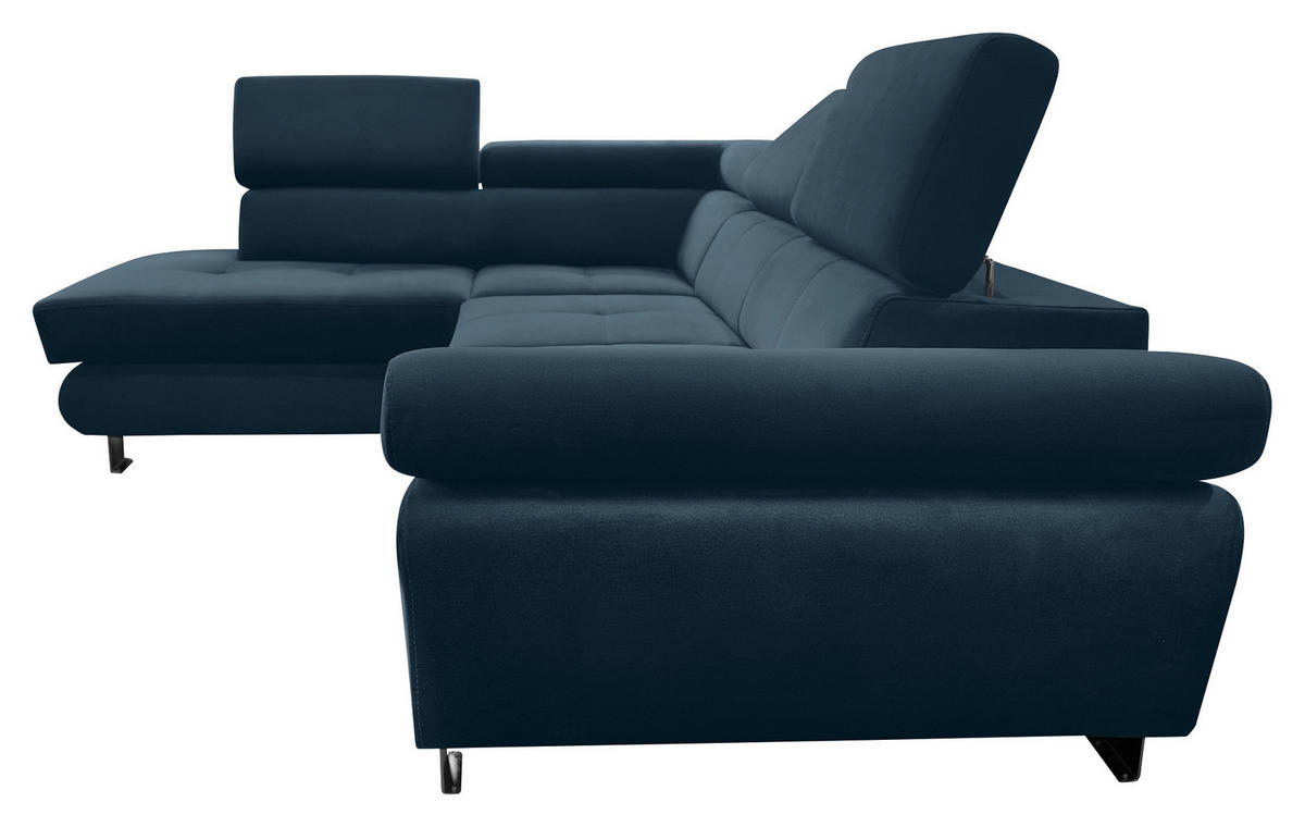 ECKSOFA Dunkelblau Webstoff Bettkasten, Schlaffunktion, Rücken echt, Armteilverstellung, Kopfteilverstellung  - Chromfarben/Dunkelblau, MODERN, Textil/Metall (205/278cm) - Stylife
