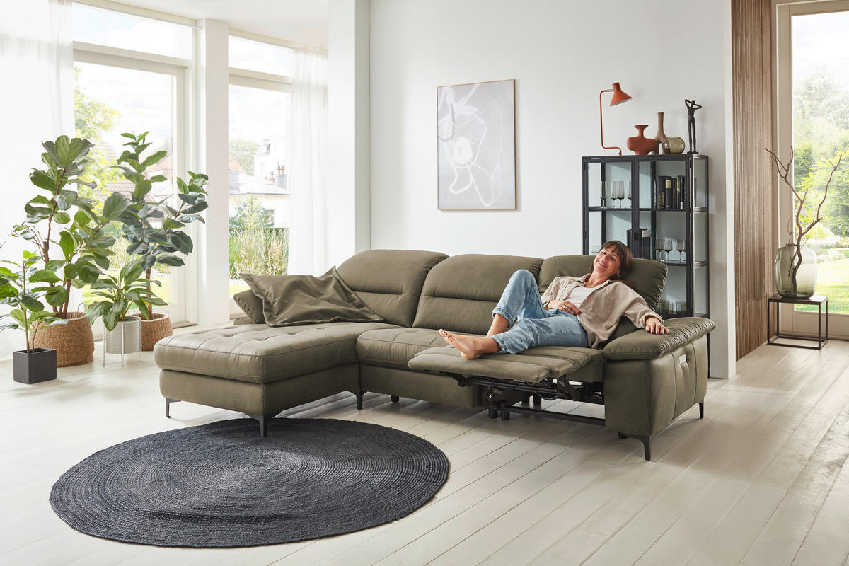 ECKSOFA Olivgrün Mikrofaser Kopfteilverstellung  - Chromfarben/Olivgrün, Design, Textil/Metall (184/280cm) - Pure Home Comfort