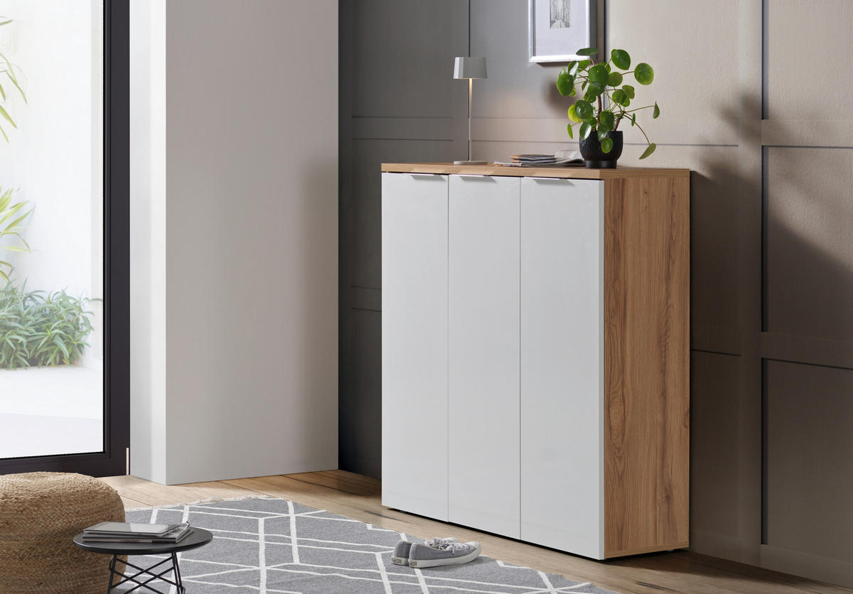 SCHUHSCHRANK Eichefarben, Weiß Hochglanz  - Chromfarben/Eichefarben, Design, Holzwerkstoff/Kunststoff (120/115/34cm) - Xora