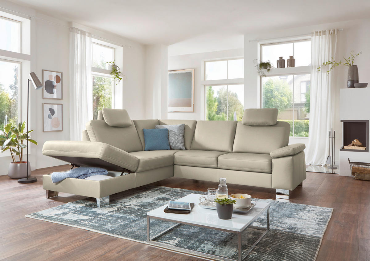 ECKSOFA  in Echtleder Ecru  235/248 cm  - Ecru/Alufarben, Design, Leder/Metall (235/248cm) - Beldomo Premium