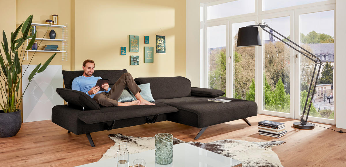 ECKSOFA in Flachgewebe Dunkelbraun  - Anthrazit/Dunkelbraun, Design, Textil/Metall (280/165cm) - Johann Jakob