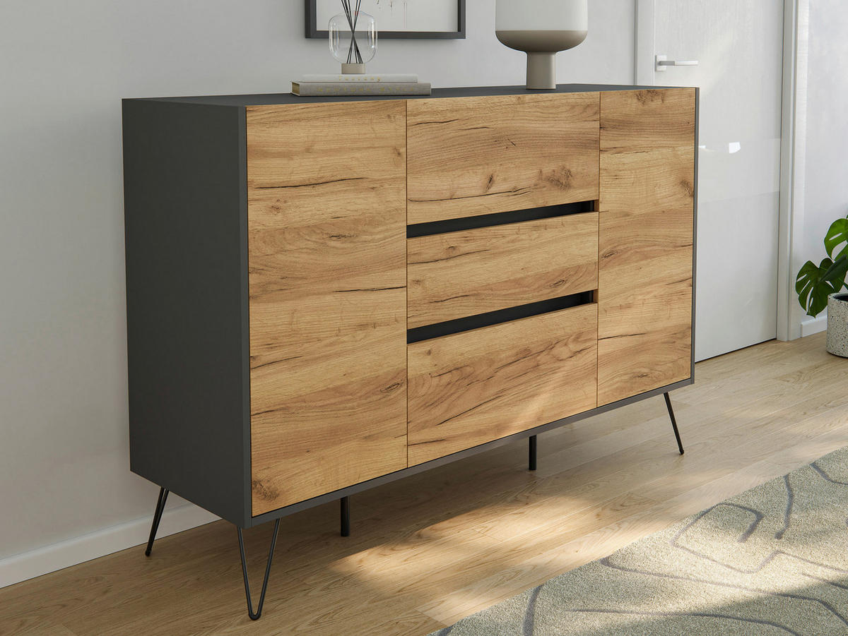 SIDEBOARD Posseik Industrial 140/93,6/42 cm 3 Schublade(n)  - Eichefarben/Graphitfarben, Design, Holzwerkstoff/Metall (140/93,6/42cm) - P & B