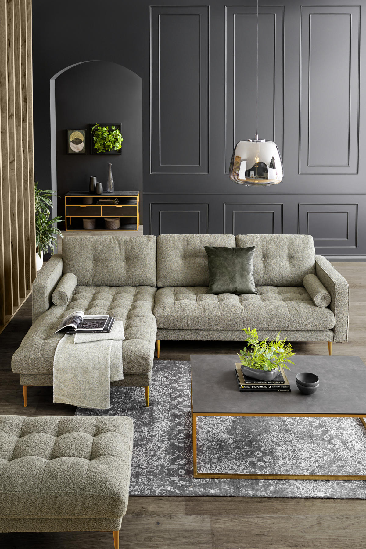 ECKSOFA in beflockt Olivgrün  - Goldfarben/Olivgrün, Design, Textil/Metall (165/277cm) - Livetastic