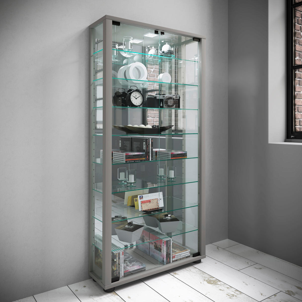 VITRINE in Silberfarben  - Silberfarben, Modern, Glas/Holzwerkstoff (59/114,8/18cm) - MID.YOU