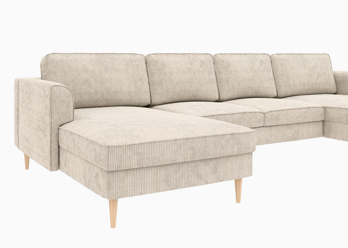 WOHNLANDSCHAFT Creme Cord  - Buchefarben/Creme, MODERN, Holz/Textil (161/306/161cm) - Trendmanufaktur