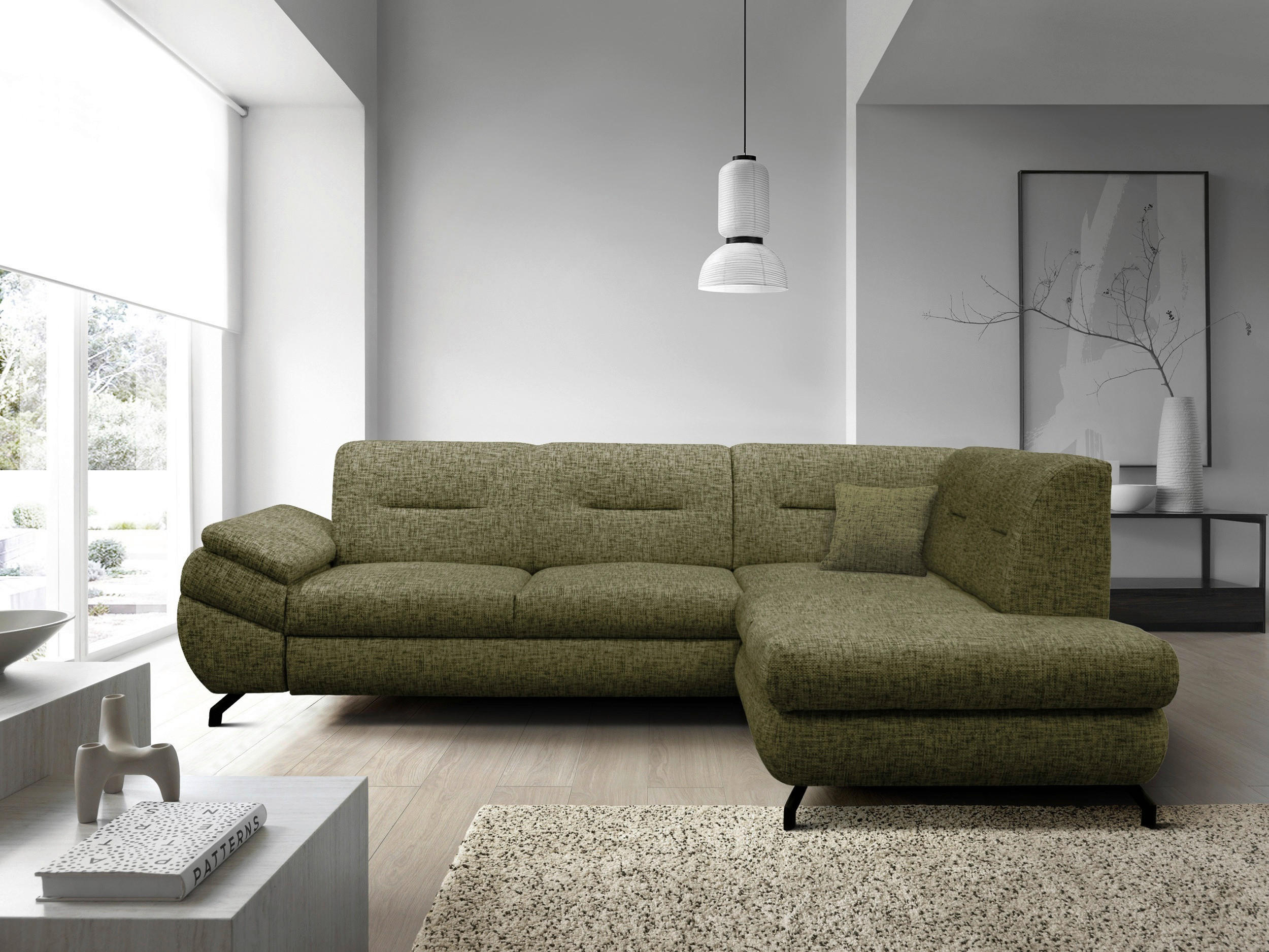 ECKSOFA in Struktur, Plüsch Grün  - Schwarz/Grün, Design, Textil/Metall (274/201cm) - MID.YOU
