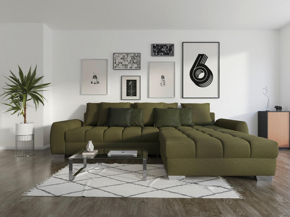 ECKSOFA in Mikrofaser Dunkelgrün  - Chromfarben/Dunkelgrün, Design, Kunststoff/Textil (320/226cm) - Carryhome
