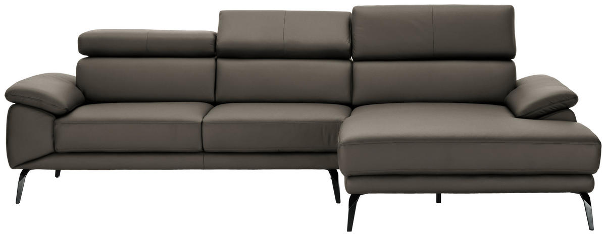 ECKSOFA in Echtleder Graubraun  - Graubraun/Schwarz, Design, Leder/Metall (295/187cm) - Novel