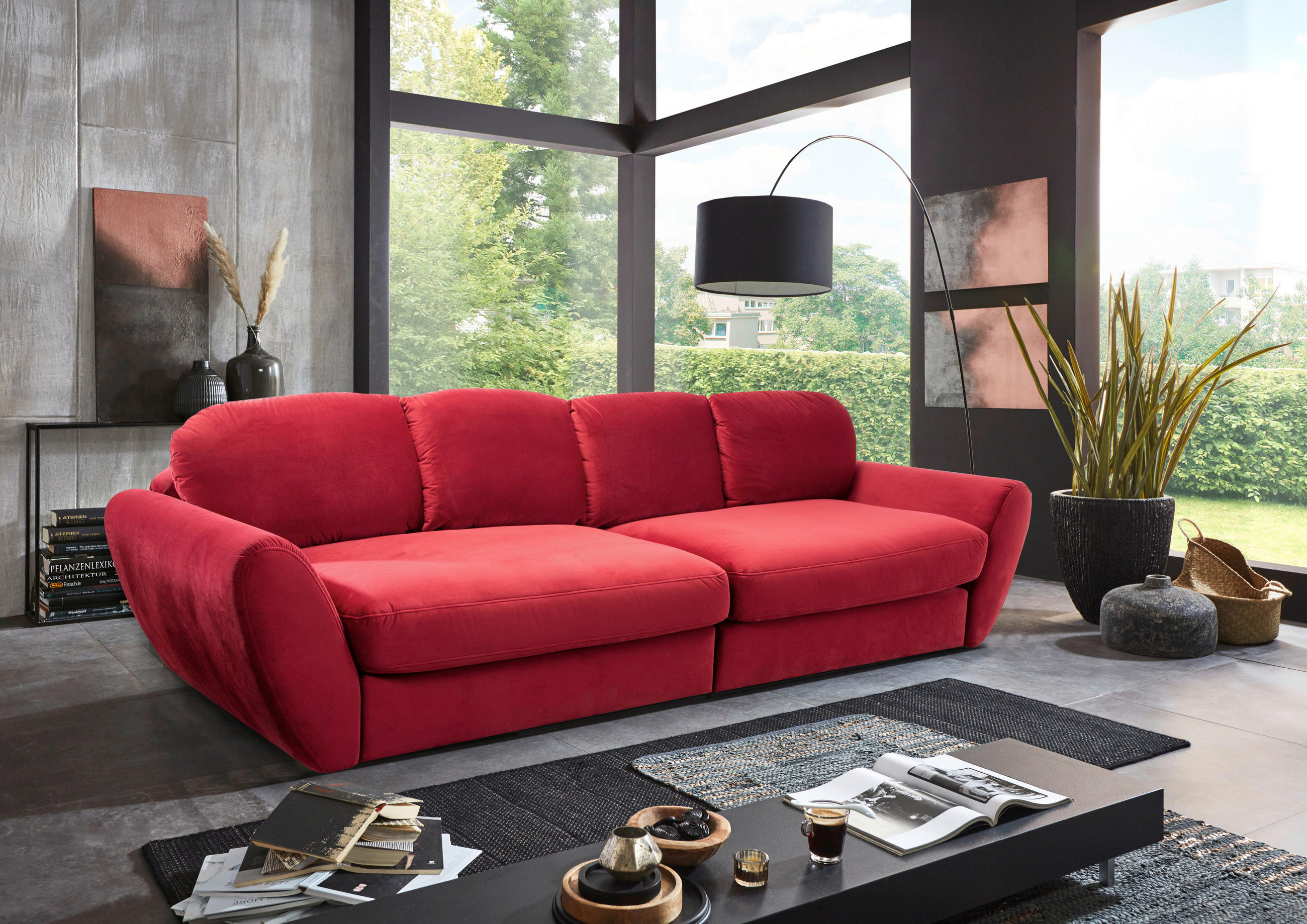 BIGSOFA Flachgewebe Rot  - Rot/Schwarz, MODERN, Kunststoff/Textil (290/96/113cm) - Cantus
