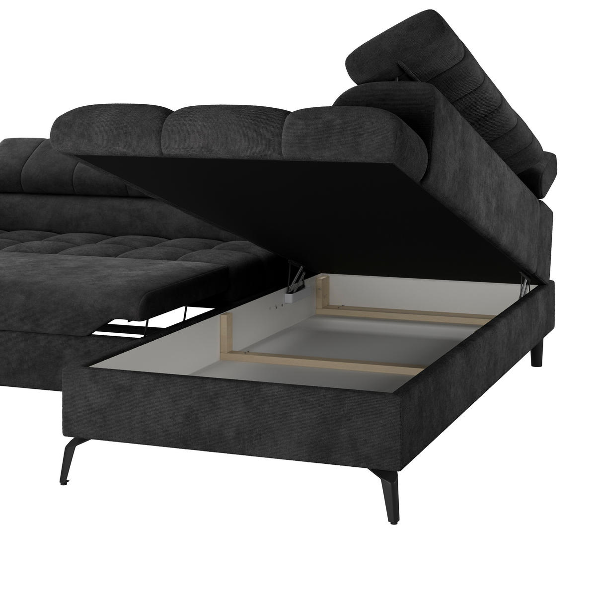 ECKSOFA Schwarz Bettkasten, Rücken echt, Kopfteilverstellung  - Schwarz, Trend, Kunststoff/Textil (261/203cm) - Livetastic