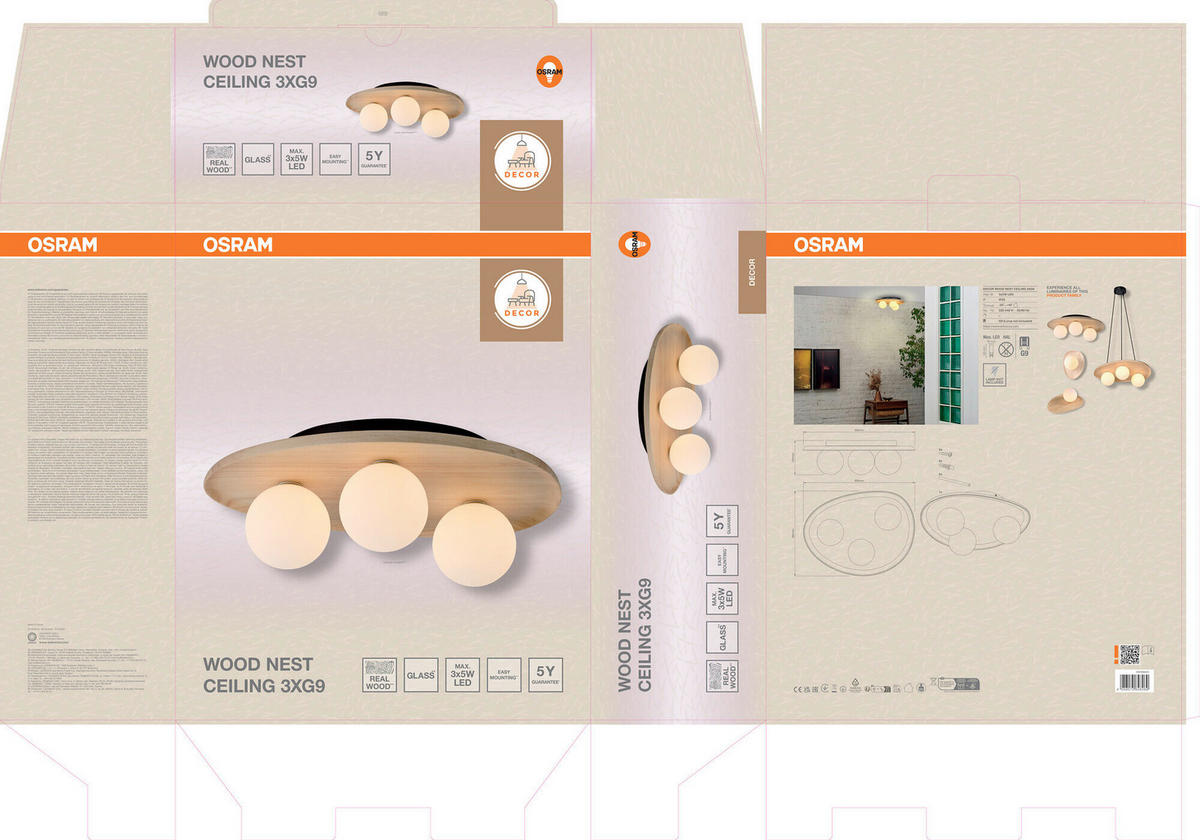 DECKENLEUCHTE    50/38,5/15,5 cm  - Naturfarben, Basics, Glas/Holz (50/38,5/15,5cm) - Osram
